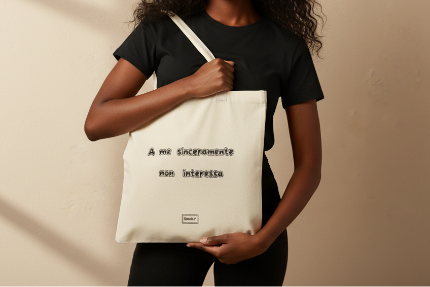 Modella con maglia nera e tote bag